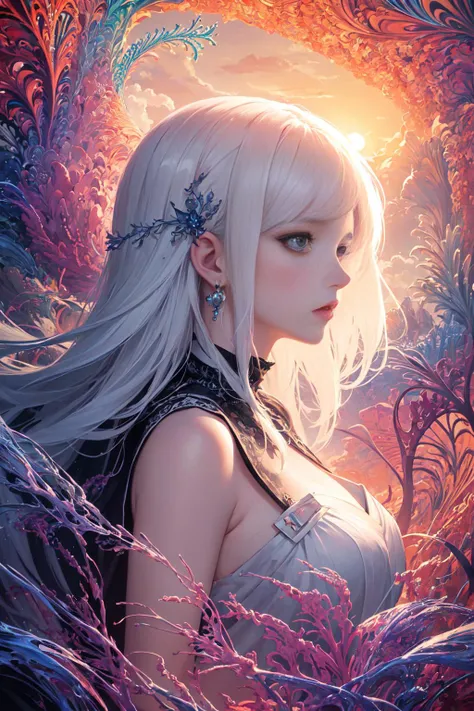 (masterpiece, top quality, best quality, official art, beautiful and aesthetic:1.2), (1girl), extreme detailed,(colorful:1.3),highest detailed, sunset, sea, white hair, (fractal art:1.3)