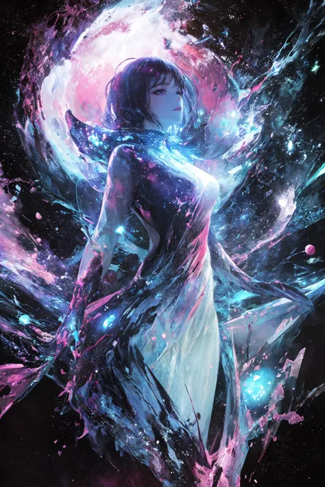 masterpiece, best quality, ultra high res, (abstract art:1.3), 1girl, cosmic dress, cosmic beauty, in space, nebula