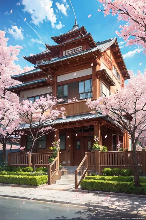 (masterpiece, top quality, best quality, official art, beautiful and aesthetic:1.2),extreme detailed,colorful,highest detailed,branch, building, chain-link fence, cherry blossoms, fence, long hair, outdoors, petals, landscape, rain, tree,sky,street