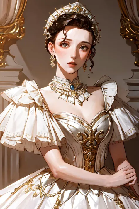 pilyeon style, 1girl, looking at viewer, parted lips, upper body, jewelry, Romantic tulle ball gown with a beaded bodice and a full skirt<lora:pilyeon_style:0.8>