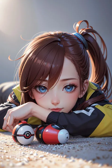 Best quality, masterpiece, ultra high res, raw photo, beautiful and aesthetic,deep shadow, dark theme,(photorealistic:1.4),
(Trainer, female protagonist (pokemon go), brown hair, ponytail, blue eyes, long hair, hair between eyes), ((solo)), full body, smile