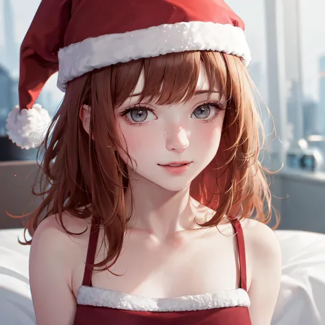 <lora:mila_v1:0.5> santa hat, naughty face, portrait, close-up,, masterpiece, best quality, absurdres, highres, 4k, ray tracing, intricate details, highly detailed, (1girl:perfect face, cute, small breasts, long ginger hair, petite, twintails/ glasses, freckles, fang)