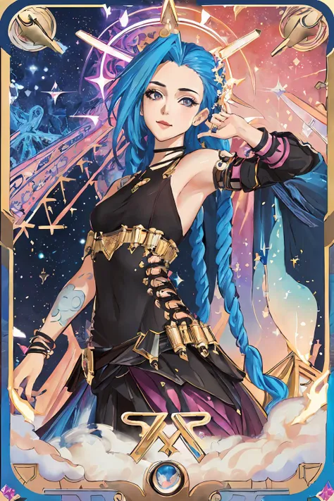 (masterpiece, top quality, best quality, official art, beautiful and aesthetic:1.2), (1girl), extreme detailed,(fractal art:1.3), colorful, highest detailed, JinxLol, tarot card, zentangel, dynamic pose, abstract, sparkle, ring light, halo, glow, (upper body),pink eyes,((detailed face)),hair over one eye,navel,dynamic streaks, luminous trails, vibrant colors, fluid movement, captivating patterns,full body,
<lora:jinxLeagueOfLegends_v10:1.2>, <lora:animeTarotCardArtStyleLora_v31:0.7>,