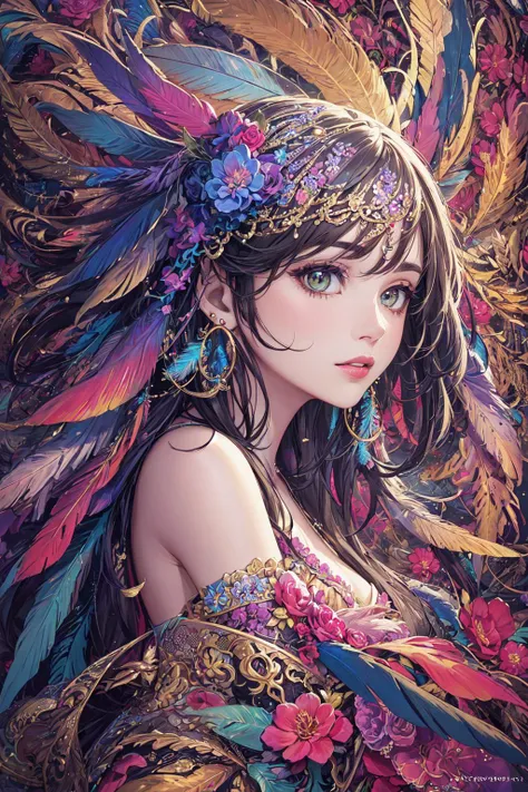 (masterpiece, top quality, best quality, official art, beautiful and aesthetic:1.2), (1girl:1.3), extremely detailed,(fractal art:1.1),(colorful:1.1)(flowers:1.3),highest detailed,(zentangle:1.2), (dynamic pose), (abstract background:1.3), (shiny skin), (many colors:1.4), ,(earrings:1.4), (feathers:1.4)