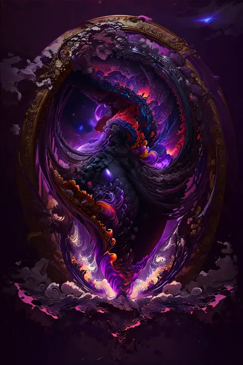 (fractal art:1.3), (masterpiece, top quality, best quality, official art, beautiful and aesthetic:1.2), highres, 1girl, solo,  long purple hair, purple eyes,  (gigantic breasts,  bursting breasts,) purple elbow gloves, purple legwear, hair ornament,  looking at viewer,  no shoes, starry sky, cosmic, nebulae,