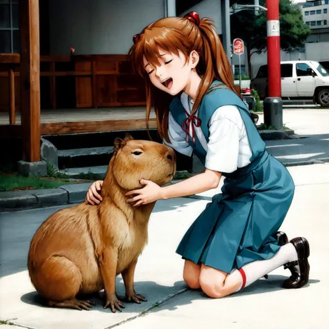 1girl, hugging, capybara, kneeling, closed eyes, <lora:capi-09:0.85>, souryuuasukalangley, tokyo-3_middle_school_uniform, <lora:asukaLangleySohryu_v9:0.9>, masterpiece, best quality,