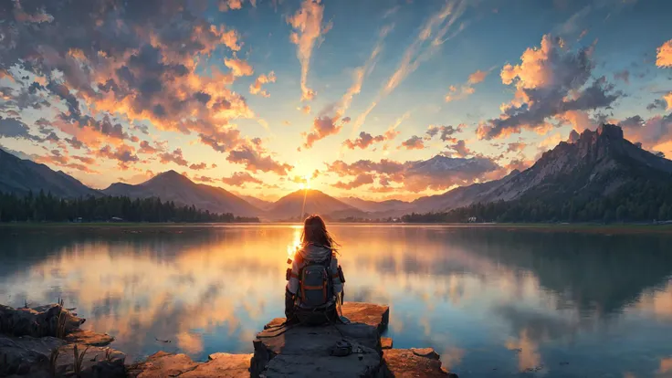 (masterpiece, best quality:1.2), ultra detailed, cinematic lighting, HDR, ilustration, sunrise, lake, impressive, chill, inspirational,