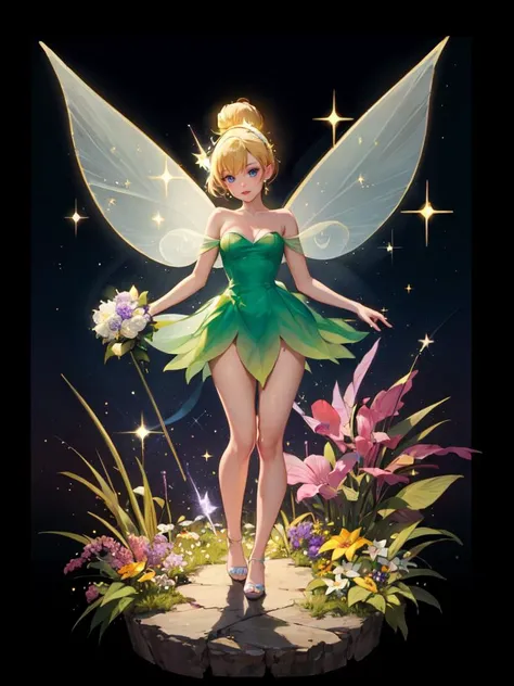 show entire body, feet in view, Tinkerbell, pantyhose, no shoes, outdoors