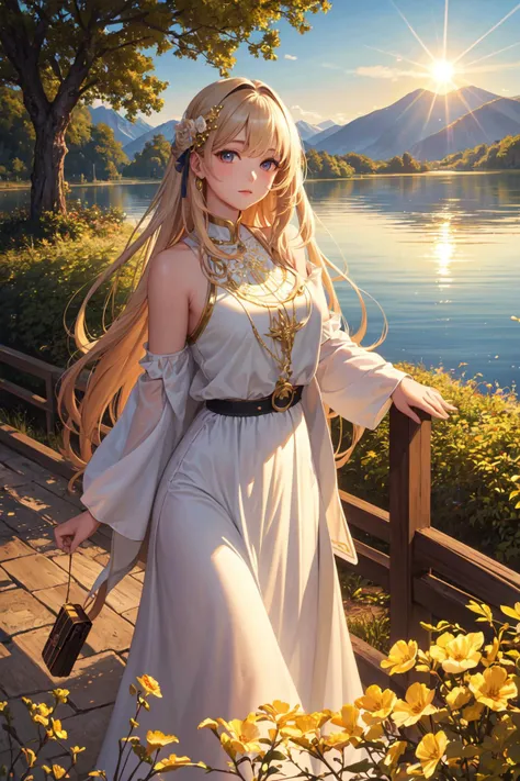 (masterpiece, top quality, best quality, official art, beautiful and aesthetic:1.2), 1 girl, serene expression, mesmerizing eyes, straight long hair, flowing dress, poised posture, porcelain skin, subtle blush, crystal pendant BREAK golden hour, (rim lighting):1.2, warm tones, sun flare, soft shadows, vibrant colors, painterly effect, dreamy atmosphere BREAK scenic lake, distant mountains, willow tree, calm water, reflection, sunlit clouds, peaceful ambiance, idyllic sunset, ultra detailed, official art, unity 8k wallpaper , zentangle, mandala