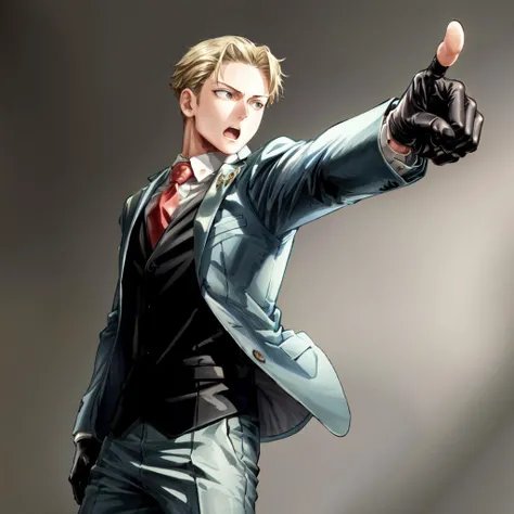 masterpiece, best quality, detailed face, 1man, agent_twilight, shirt, gloves, necktie, jacket, vest, pants, one hand in pocket, objection, pointing, <lora:aa_dp-11:1>, <lora:agent_twilight-v2-10:1>, <lora:add_detail:1>