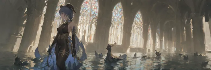((masterpiece, best quality)), close-up, straight on, face focus,((1 girl)), {long hair}, ((small breasts)), standing, hair ornamen, gloves, (incredible absurdity), gilded frame, (detailed light),lighting, colorful, layered backgrounds, (gothic architecture), pond, (gorgeous background), dynamic angle, delicate background, (shine),ganyu, twin horn, bare shoulder, bodysuit <lora:ganyu:0.65> <lora:ganyuGenshinImpact_v20:1>