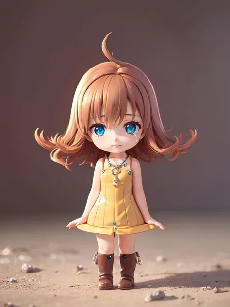 (masterpiece, best quality, 8K), photorealistic, wallpaper, Selphie Tilmitt, necklace, yellow dress, boots, tears, full body, chibi, <lora:selphie-nvwls-v1-final:0.9>, <lora:blindbox_v1_mix:1>