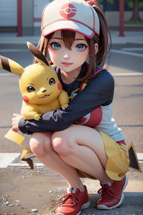 "masterpiece, best quality, ultra-detailed, realistic portrait-style illustration of a cute girl sitting on the ground, Smilling, next to a toy pikachu, beautiful lighting, depth of field, soft shadows, vibrant colors, fresh and lively scenery"