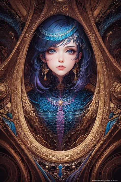 A woman with blue hair and a tiable in a mirror - SeaArt AI