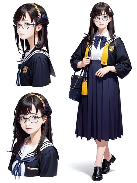 (masterpiece, top quality, best quality, beautiful and aesthetic:1.2),(1girl:1.3),extreme detailed,colorful,highest detailed,detailed face,playful patterns,lively texture,rich colors,unique visual effect,glasses,<lora:hashimotoKanna_v11:0.9>,full body,school uniform,
