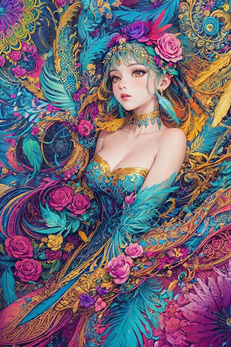 (masterpiece, top quality, best quality, official art, beautiful and aesthetic:1.2), (1girl:1.3), extremely detailed,(fractal art:1.1),(colorful:1.1)(flowers:1.3),highest detailed,(zentangle:1.2), (dynamic pose), (abstract background:1.3), (many colors:1.4), ,(earrings), (feathers:1.5)