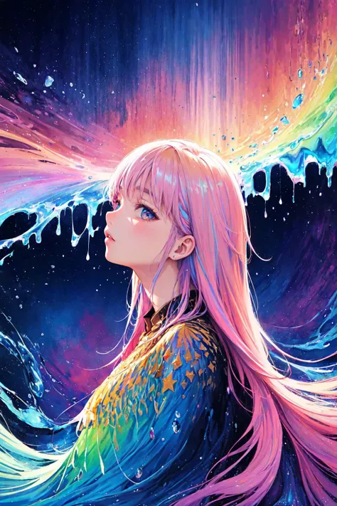 (masterpiece, top quality, best quality,watercolor (medium),official art, beautiful and aesthetic:1.2),(1girl:1.3), (fractal art:1.3),upper body, from side, looking at viewer,patterns,(rainbow color Hair,colorful hair,half blue and half pink hair:1.2),water,liquid, <lora:sunAndShadow_v10:0.6>,cloud,colorful, starry,stars,