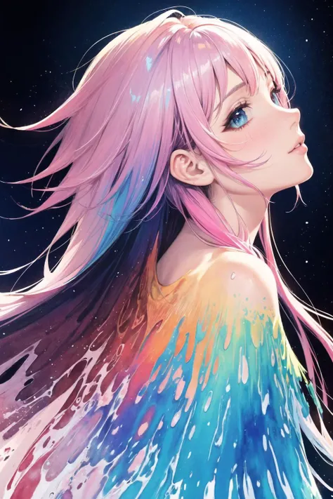 (masterpiece, top quality, best quality,watercolor (medium),official art, beautiful and aesthetic:1.2),(1girl:1.3), (fractal art:1.3),upper body, from side, looking at viewer,patterns,(rainbow color Hair,colorful hair,half blue and half pink hair:1.2),water,liquid, <lora:sunAndShadow_v10:0.6>,cloud,colorful, starry,stars,