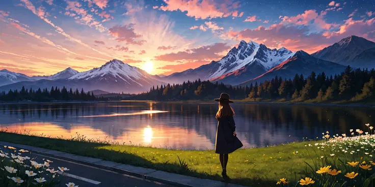 masterpiece,best quality,wide shot,a woman in a dress and hat walking down a sidewalk in front of a house with mountains in the background,cloud, cloudy_sky, flower, sky, building, outdoors, long_hair, 1girl, mountain, sunset, scenery, cityscape, blue_sky, white_flower, day, jacket, mountainous_horizon, solo, city, dress, field, long_sleeves, very_long_hair, skyscraper, bangs, standing, ruins cloud,colorful, starry,sun,<lora:sunAndShadow_v10:0.6>