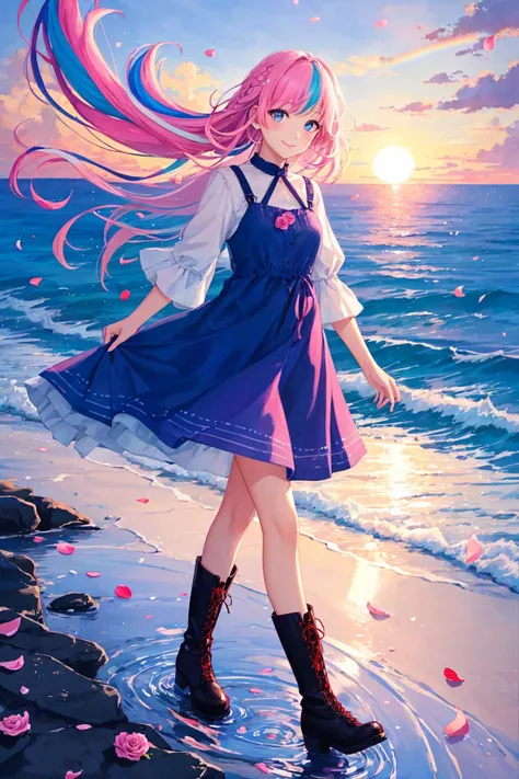 art noveau style,(masterpiece, best quality, ultra-detailed, high-res),perfect face,solo,1girl,(full body),(rainbow color Hair,colorful hair,half blue and half pink hair:1.4),a girl in a dress and boots is walking across a rainbow - colored field with a rainbow - colored sky behind her, Chizuko Yoshida, official art, a detailed painting, color field,petals, petals_on_liquid, falling_petals, rose_petals,cherry_blossoms, cloud, water, sky, solo, smile, blue_hair, ripples, blue_eyes, looking_at_viewer, twilight, flower, black_footwear, leaves_in_wind, sunset, boots, wind, ocean, outdoors, long_hair