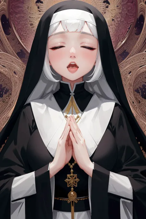 (masterpiece, best quality), perfect symmetry composition,beautiful detailed face, closed eyes,head up, (ahegao:1.3),
(1girl), nun haircut,wear nun robe, gesture of prayer,prayer beads,(fractal art background:1.3)