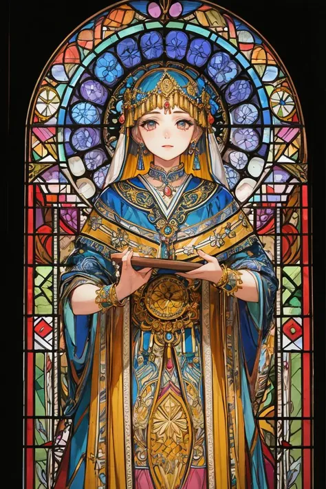 (masterpiece, top quality, best quality,official art, beautiful and aesthetic:1.2),(1girl:1.3), 1girl BREAK stained glass art, colored glass, lead lines, light transmission BREAK vibrant colors, intricate designs, luminous effects, spiritual ambiance