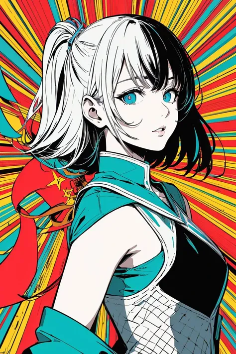 (masterpiece, best quality:1.3), 1girl, cel shading, bold outlines, flat colors, sharp shadows, graphic style, (manga influence), clean linework, (striking visuals),multicolored background