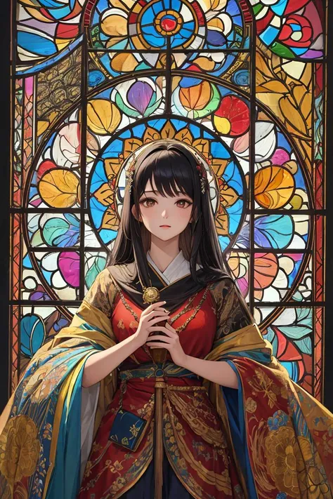 (masterpiece, top quality, best quality,official art, beautiful and aesthetic:1.2),(1girl:1.3), 1girl BREAK stained glass art, colored glass, lead lines, light transmission BREAK vibrant colors, intricate designs, luminous effects, spiritual ambiance