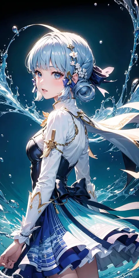 (masterpiece, top quality, best quality, official art, beautiful and aesthetic:1.2), (1girl:1.3), (fractal art:1.3), cowboy shot,
kamisato ayaka, floating water, glowing,