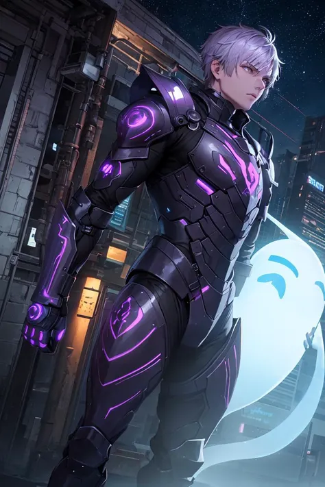 masterpiece, best quality, (extremely detailed CG unity 8k wallpaper, masterpiece, best quality, ultra-detailed, best shadow), detailed landscape, High contrast, (best illumination, an extremely delicate and beautiful),((futrue cyberpunk)), beautiful detailed glow,shot,night,neon,purple,blue,(1boy:1.4),((ultra-detailed and complicated ghost armor with purple blue neon lights)), katana,((full armor))