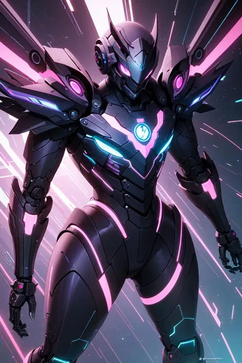(masterpiece, top quality, best quality, official art, beautiful and aesthetic:1.3),(vibrant glow), dynamic colors, striking contrast, futuristic vibe, electric energy,reflective surfaces,(mechanical arms, purple,blue,neon lighting)