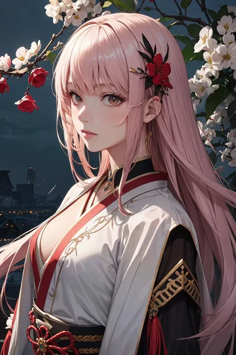 masterpiece, best quality, looking afar, upper body, dark shot, horror, cluster amaryllis in full bloom , blood, In the midst of a stormy night, a sorrowful girl adorned in Japanese battle attire stands determined, wielding a mystical sword against the ominous presence of her fated demon, as her vibrant hair ornaments symbolize the bond she shares with her family and allies, detailed skin texture, detailed cloth texture, beautiful detailed face, intricate details, ultra detailed,
