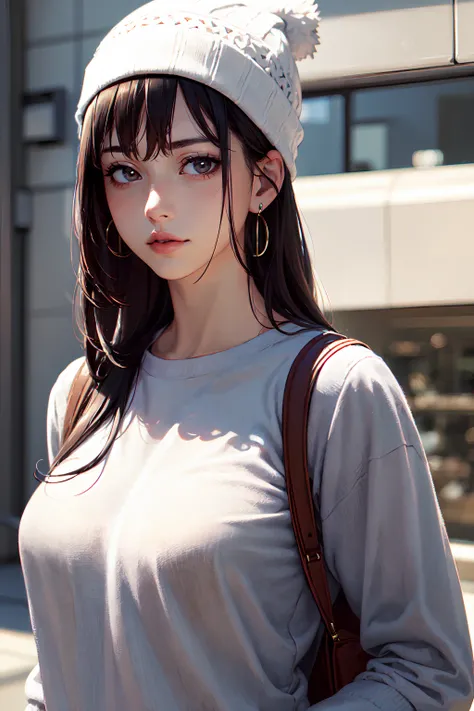 <(realistic:1.4), (extremely intricate:1.2)>, 1girl, solo, long hair, black hair, clothes writing, brown eyes, looking at viewer, beanie, lips, upper body, closed mouth, shirt, earrings,