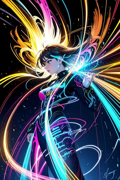 masterpiece, best quality, light painting, (long exposure:1.2),dynamic streaks, luminous trails, vibrant colors, fluid movement, captivating patterns, creative experimentation,(1girl:1.2),(cowboy shot:1.2)
