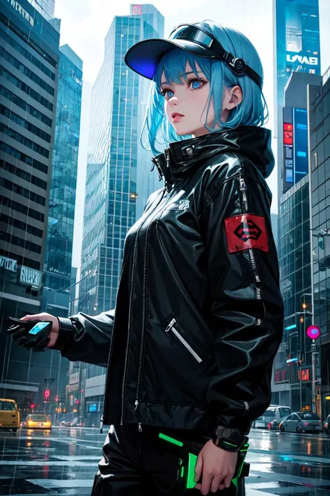1girl, lady with cybernetic parts, glowing visor, short light blue hair, techwear, oversized black jacket, skyscraper outdoors, neon rim light, night, rain, volumetric lighting, best quality, masterpiece, realistic,cowboy shot