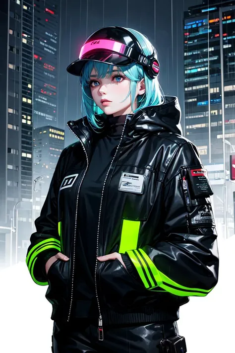 1girl, lady with cybernetic parts, glowing visor, short light blue hair, techwear, oversized black jacket, skyscraper outdoors, neon rim light, night, rain, volumetric lighting, best quality, masterpiece, realistic