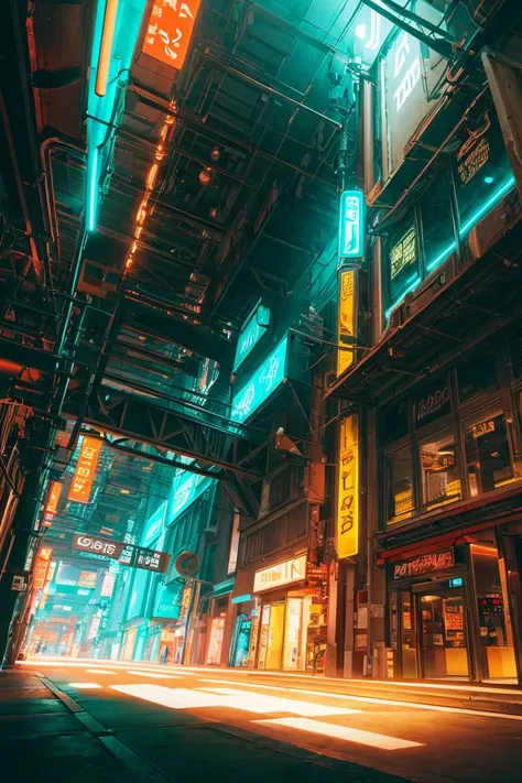 A city street with neon lights and buildings at night - SeaArt AI