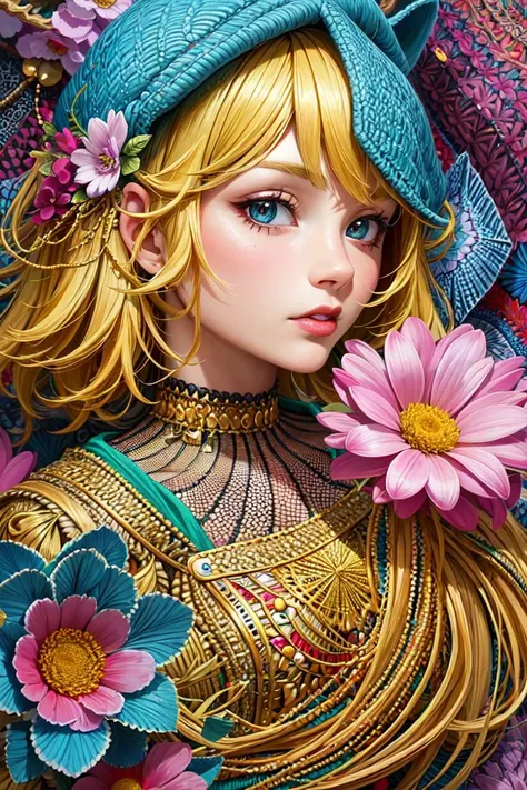 (ultra-detailed background, detailed background), absurdres, highres, ultra detailed, extremly detailed, 1girl, bunch of flowers, (zentangle:1.2), (geometric:1.2),(colorful)