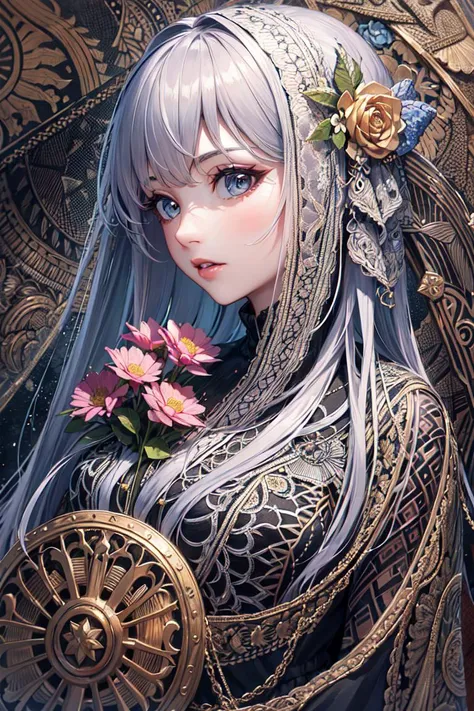 absurdres, highres, ultra detailed, (ultra-detailed background, detailed background), extremly detailed, 1girl, bunch of flowers, (zentangle:1.2), (geometric:1.2),