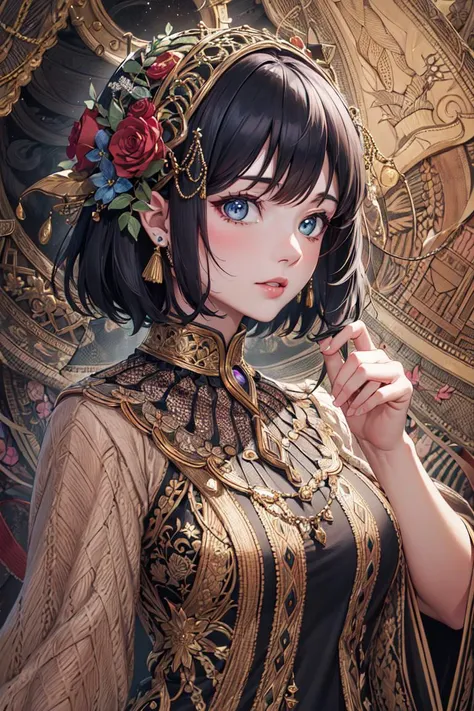 absurdres, highres, ultra detailed, (ultra-detailed background, detailed background), extremly detailed, 1girl, bunch of flowers, (zentangle:1.2), (geometric:1.2),
