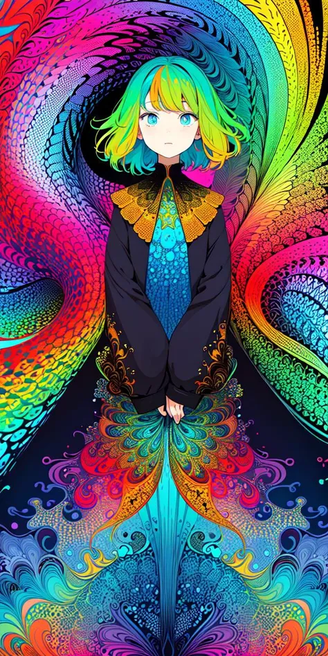 (flat color:1.3),(colorful:1.3),(masterpiece:1.2), best quality, masterpiece, original, extremely detailed wallpaper, looking at viewer,1girl with the pattern,solo,floating colorful water, (fractal art:1.3),