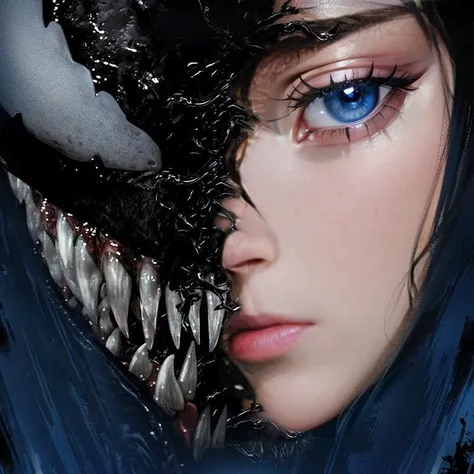 1girl, (Nordic Supermodel), face focus, half face in Venom,(clear blue eyes:1), (masterpiece, top quality, best quality, official art, beautiful and aesthetic:1.2),front view, facing viewer