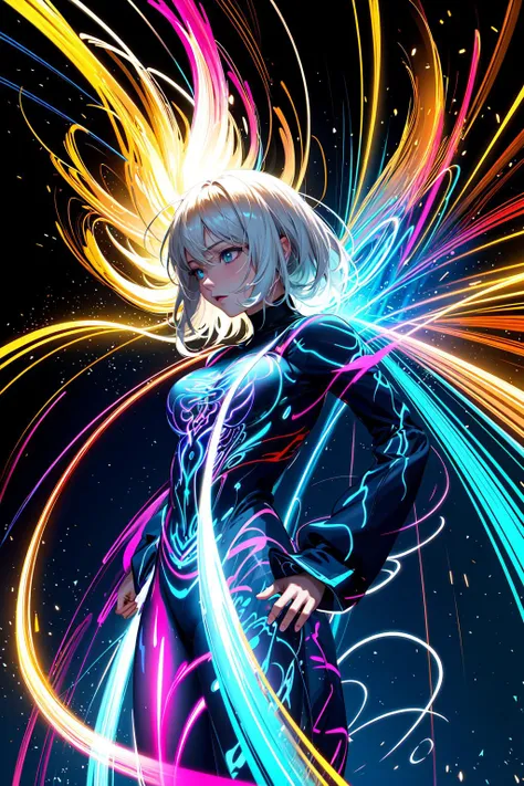 masterpiece, best quality, light painting, (long exposure:1.2),dynamic streaks, luminous trails, vibrant colors, fluid movement, captivating patterns, creative experimentation,(1girl:1.2),(cowboy shot:1.2)