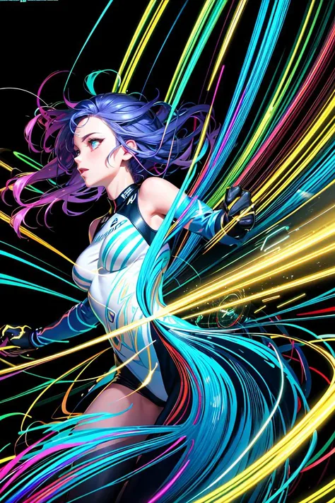 masterpiece, best quality, light painting, (long exposure:1.2),dynamic streaks, luminous trails, vibrant colors, fluid movement, captivating patterns, creative experimentation,(1girl:1.2),(cowboy shot:1.2)