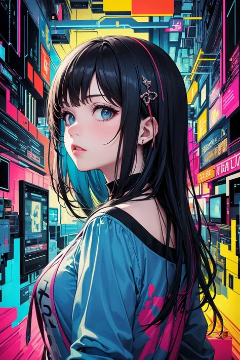 (masterpiece, top quality, best quality, official art, beautiful and aesthetic:1.2), (1girl:1.3), glitch art, (digital distortion), pixelated fragments, data corruption,colorful noise, visual chaos,contemporary aesthetics