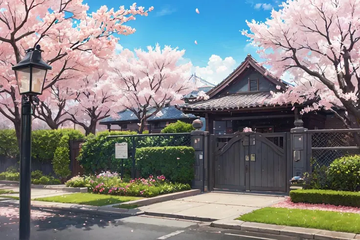 (masterpiece, top quality, best quality, official art, beautiful and aesthetic:1.2),extreme detailed,colorful,highest detailed,branch, building, chain-link fence, cherry blossoms, fence, long hair, outdoors, petals, landscape, rain, tree,sky,street