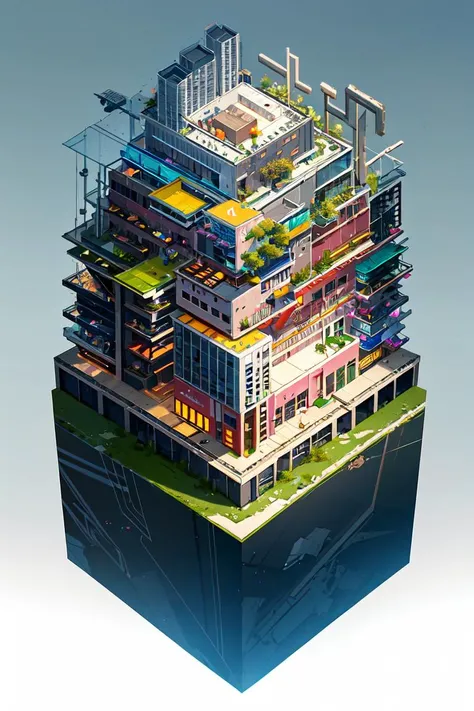 dskise, (isometric) , (flower), (vaporwave), isometric cutaway of a crystalized dilapidated city, cityscape, volumetric lighting ,FXAA, Chromatic Aberration, Concept Art, 8k Concept Art, Greg Rutowski, (unreal engine), octane render, dskise