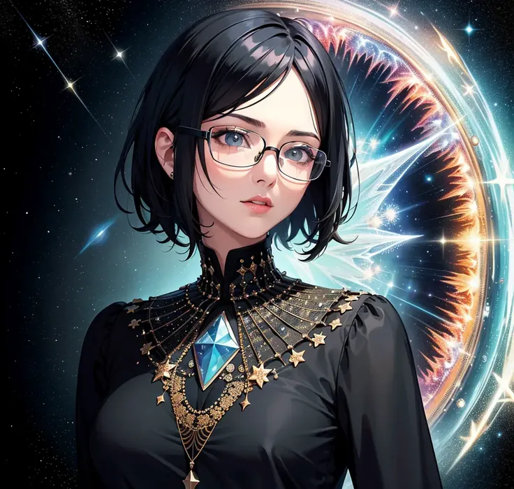 (masterpiece, top quality, best quality, official art, beautiful and aesthetic:1.2), wearing glasses, short_black_hair, extreme detailed,space, stars, (fractal art:1.3),colorful,highest detailed