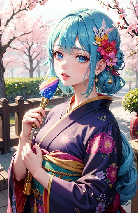 shukezouma, octane render, hdr, (hyperdetailed:1.15), (soft light, sharp:1.2), 1girl, beautiful girl, ultra detailed eyes, mature, plump, thick, rainbow painting drops, paint teardrops, woman made up from paint, entirely paint, splat, splash, long colored hair, kimono made from paint, ultra detailed texture kimono, rainbow paint kimono, paint bulb, paint drops, (hair ornaments, earrings, flowers hair ornaments, butterflies hair ornaments), outdoors, sakura trees