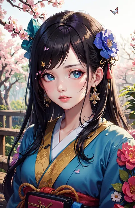 shukezouma, octane render, hdr, (hyperdetailed:1.15), (soft light, sharp:1.2), 1girl, beautiful girl, ultra detailed eyes, mature, plump, thick, rainbow painting drops,splat, splash, long colored hair, ultra detailed texture kimono, (hair ornaments, earrings, flowers hair ornaments, butterflies hair ornaments), outdoors, sakura trees